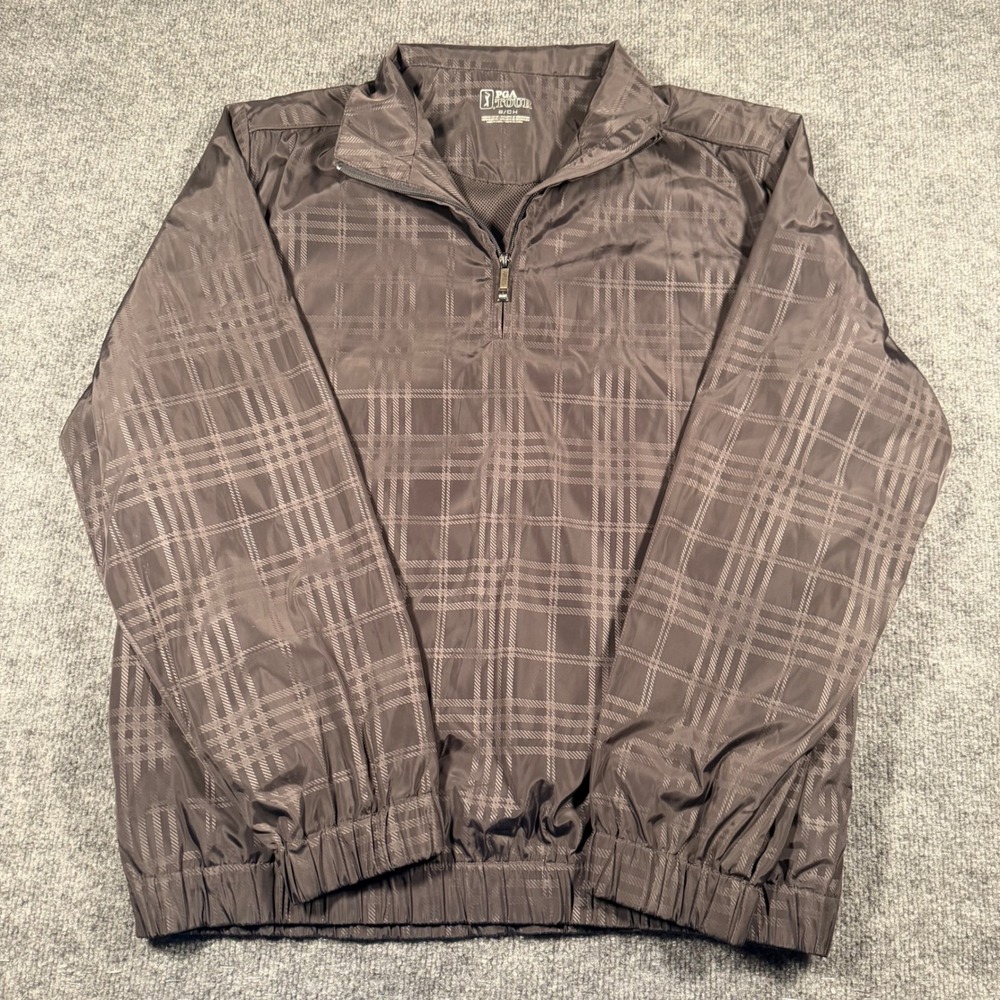 PGA Tour Mens Small Grey Plaid Quarter Zip Windbreaker Golf Pullover Jacket